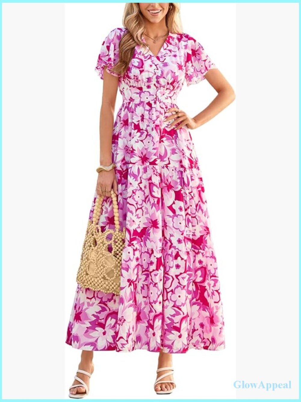 V Neck Flutter Sleeve Floral Maxi Dress Tiered Boho Sundress Pockets